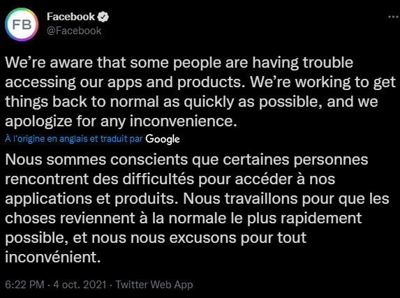 Tweet facebook panne 4 octobre 2021